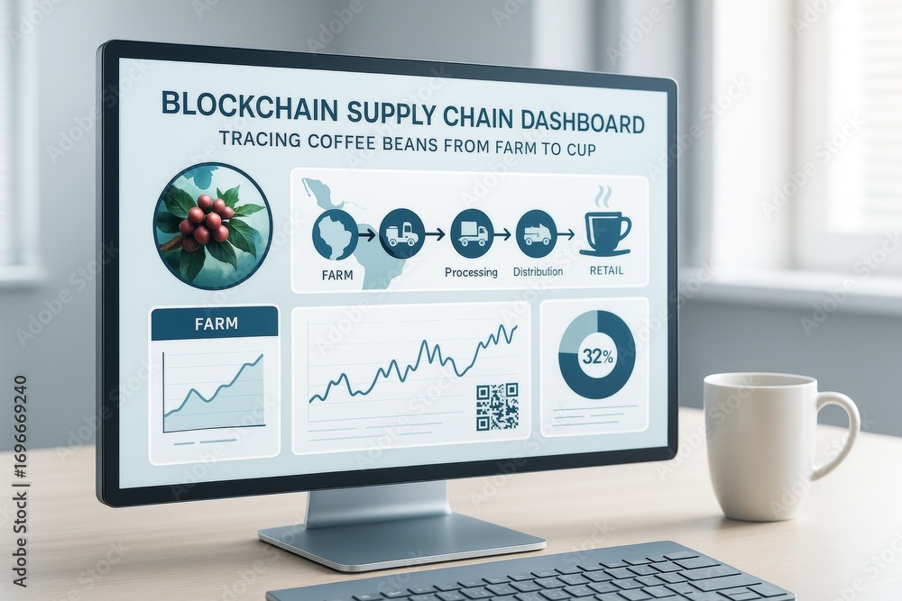 Poster blockchain supply chain dashboard on monitor showing coffee bean tracking from farm to cup in modern