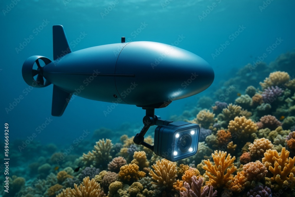 Aufkleber underwater surveillance drone exploring vibrant coral reef with camera and lights in deep blue ocean