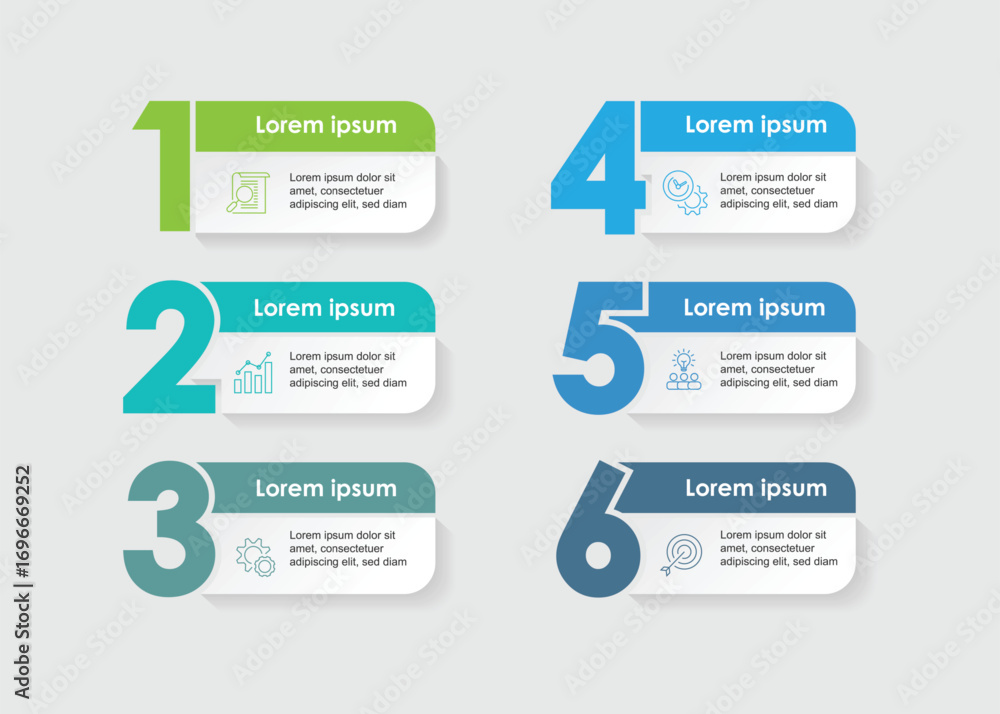 Poster 6 step table or columns for information data, workflow layout. infographic elemwnt with paper style 
