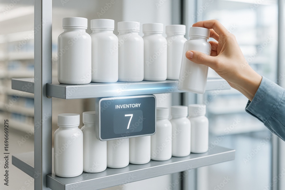 Poster smart inventory system in pharmacy with digital display showing stock level of white bottles on shel