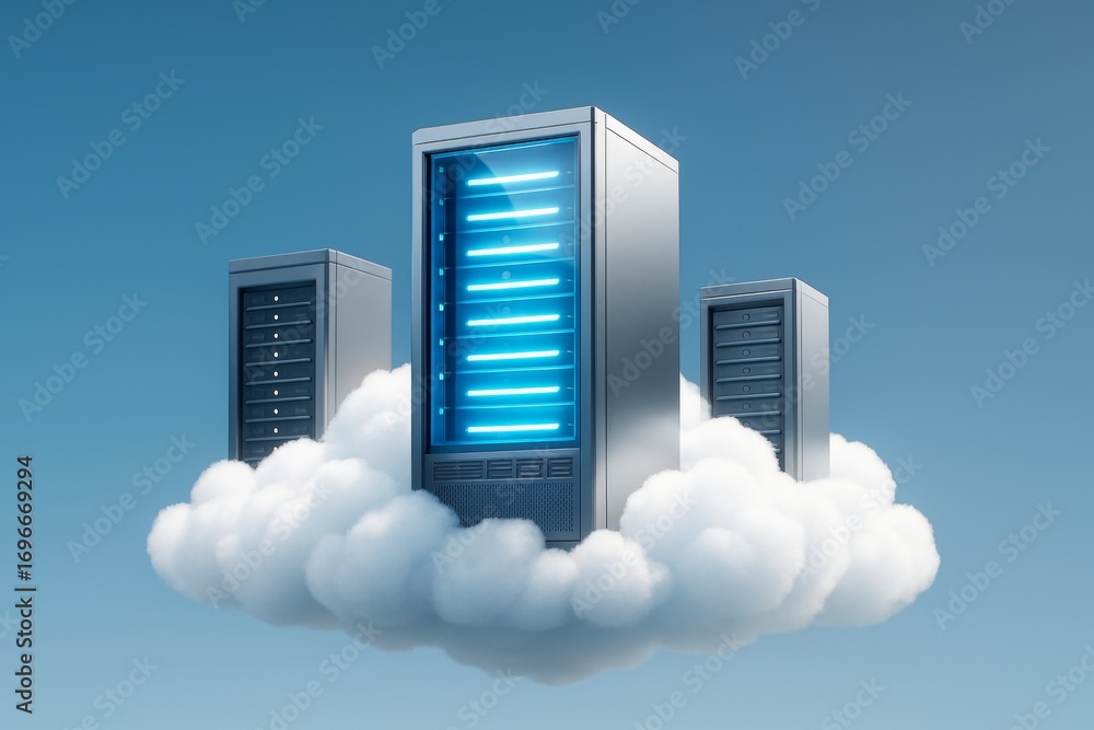 Poster cloud data servers floating in sky with glowing blue lights symbolizing digital storage and online t