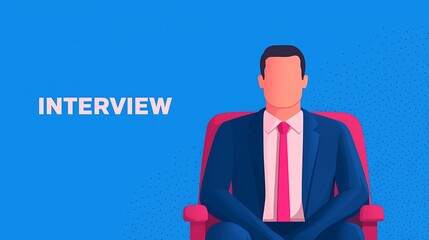 A minimalist illustration depicting a suited man sitting in a chair, emphasizing the concept of an interview with a bright blue background.