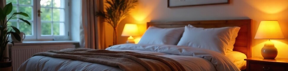 Cozy bedroom scene with soft, warm lighting illuminating a neatly made bed, creating a peaceful and inviting atmosphere Perfect for interior design, home decor, and relaxation themes , warm, decor