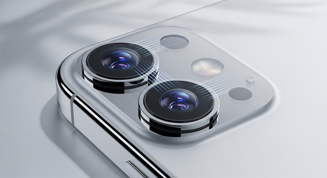 Illustration of closeup of a modern smartphone camera lens system with light rays