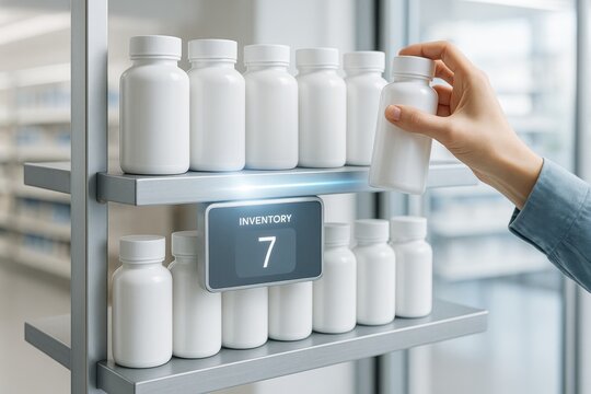 Smart inventory system in pharmacy with digital display showing stock level of white bottles on shelf, hand picking up one bottle from rack. Ai generative