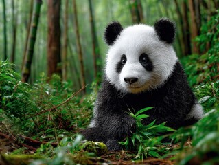 Obraz premium Adorable Panda Cub Sitting Amongst Lush Greenery in Natural Habitat, Portrait Photography
