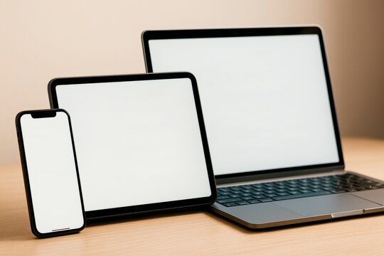 Blank screen mockup of smartphone, tablet, and laptop on wooden table for display or branding presentation in clean light workspace setup. Ai generative
