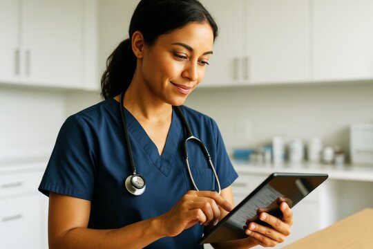 Female healthcare professional using digital tablet with focus and smile in modern clinical environment, representing smart medical technology use. Ai generative