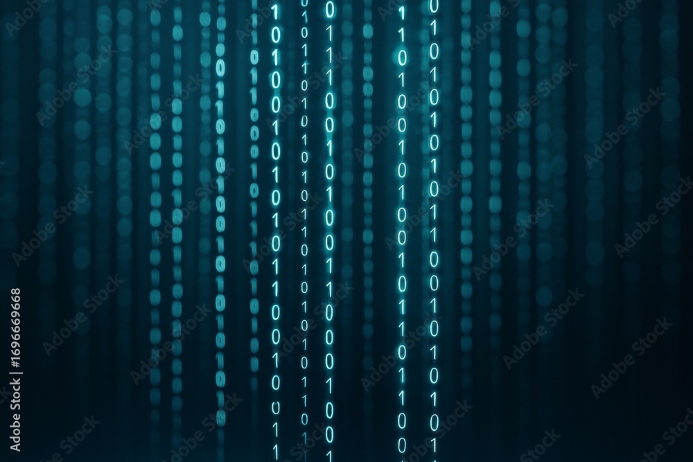 Poster glowing binary code falling vertically on dark digital screen, symbolizing futuristic data transfer 