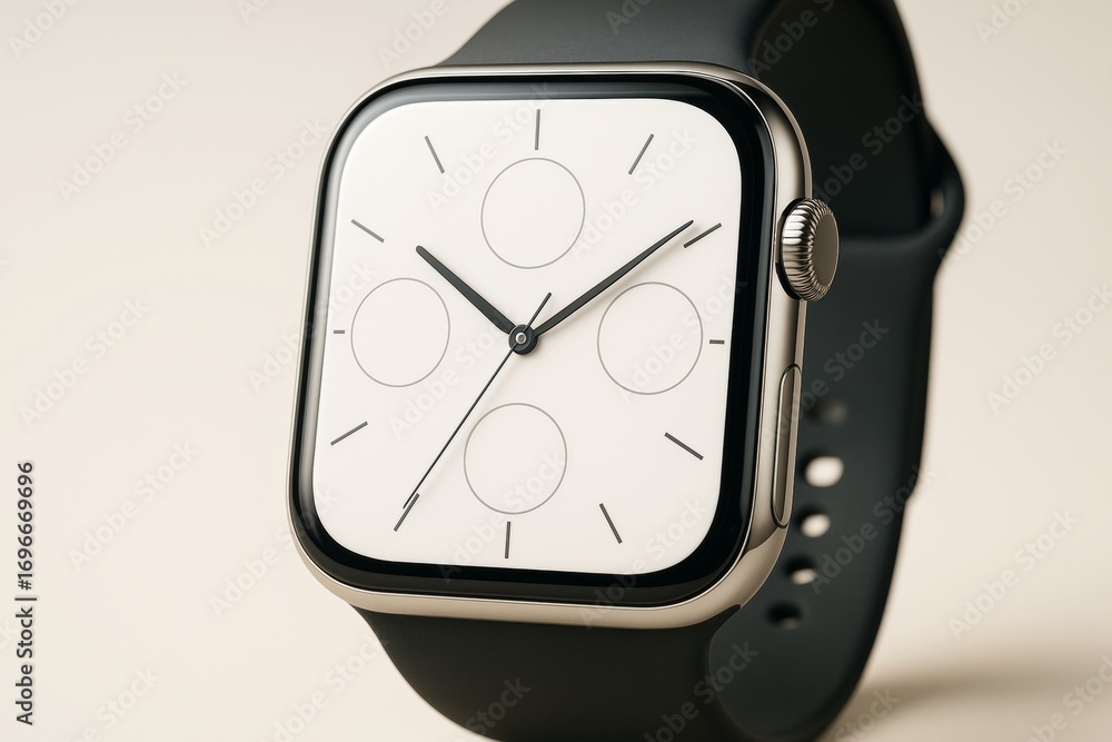 Poster minimalist smartwatch with abstract dial design and black strap on light background showcasing moder