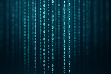 Glowing binary code falling vertically on dark digital screen, symbolizing futuristic data transfer and cyber technology concept background. Ai generative
