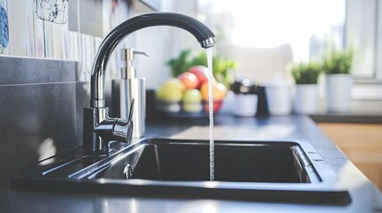 Modern kitchen faucet with running water