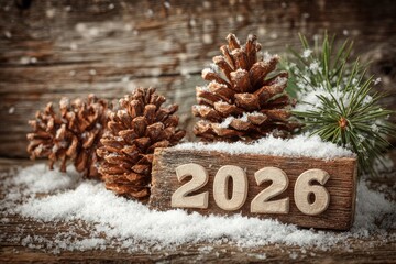 wooden number 2026 on Christmas shiny festive background with fir branch tree and cones