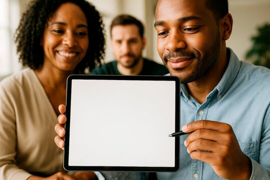 Group of diverse coworkers showcasing a clean tablet screen mockup in a well-lit office for presentation or branding concept purposes. Ai generative