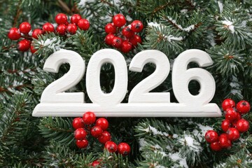 2026 new year sign resting on snowy pine branches with red berries
