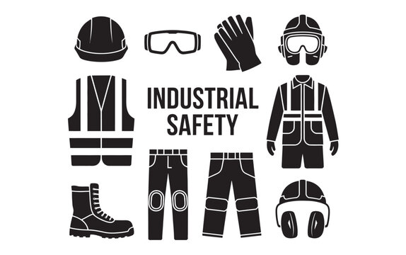 A comprehensive set of monochrome vector icons representing essential personal protective equipment for workplace safety 