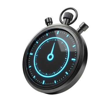 Sleek Black Stopwatch with Luminous Blue Accents Angled Perspective.