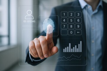 Biometric Authentication System: Man Uses Fingerprint Scan for Secure Access and Digital Identity Verification