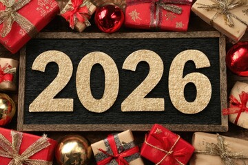 2026 new year sign surrounded by christmas gifts and decorations