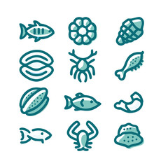 Obraz premium Seafood Dashed Line Icon Set. Collection of 12 Minimal Vector Icons for Restaurant Menus