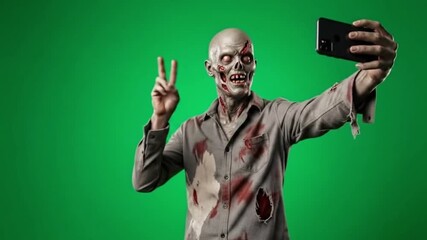 Creepy zombie taking a selfie with his smartphone on halloween night, posing against a green screen in a studio with professional lighting
