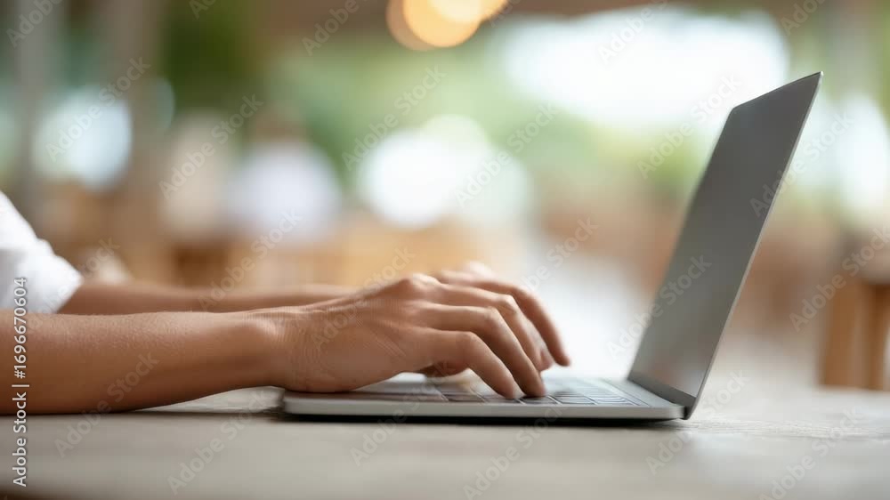 Poster close up of hands swiftly typing on a laptop keyboard, showcasing the focused work of a digital noma