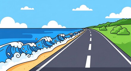 Scenic coastal road trip cartoon illustration with waves, sandy beach and green landscape perfect for travel themes