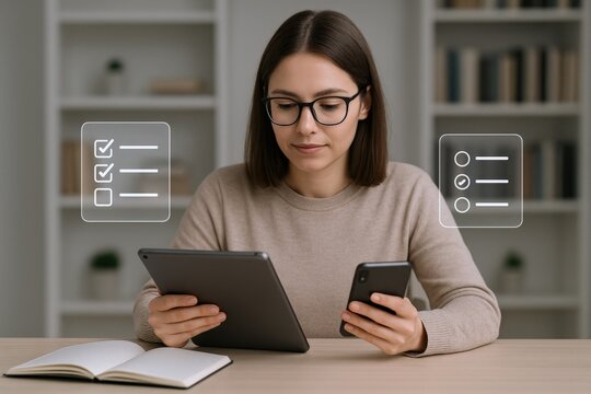 Woman with tablet and phone checking digital to-do list, managing schedule and prioritizing tasks