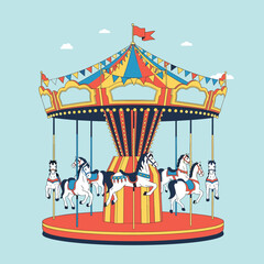 Obraz premium A colorful vintage carousel with majestic horses rotating under a festive canopy with bunting and flags