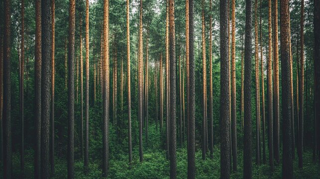Pine forest with sunlight and green foliage