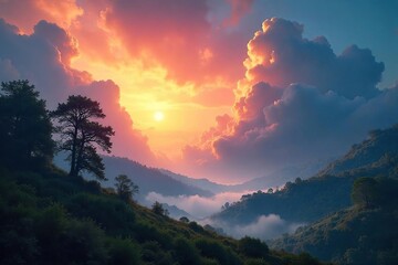 Sunlit Canopy Towering Trees Pierce a Vibrant Sky, Creating a Breathtaking Mystical Forest Scene