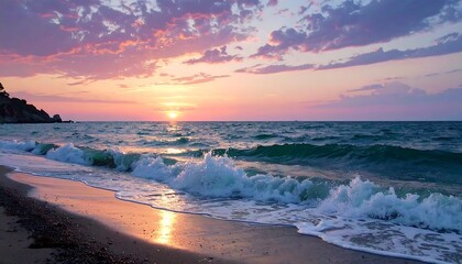 A tranquil seaside scene at sunset, featuring soft pastel colors, gently lapping waves, and a serene beach.