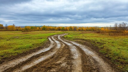 Muddy road in the field with autumn trees under cloudy sky