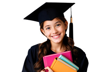 Happy girl smiling confidently in a graduation cap and gown, holding colorful books, celebrating achievement, isolated on transparent background