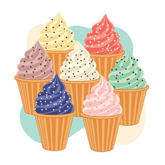 A delightful collection of seven colorful soft serve ice cream cones presented in waffle cups a vibrant and cheerful dessert assortment