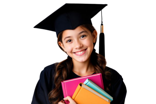 Happy girl smiling confidently in a graduation cap and gown, holding colorful books, celebrating achievement, isolated on transparent background