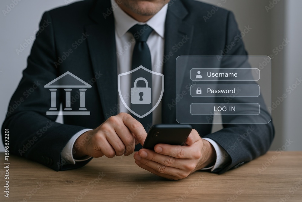 Poster secure online banking: businessman using mobile phone for financial transactions with authentication