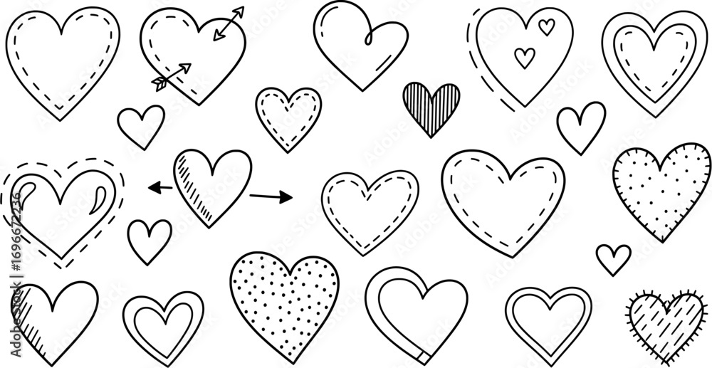 Poster set of hand-drawn heart icons with different shapes and patterns for valentine s day