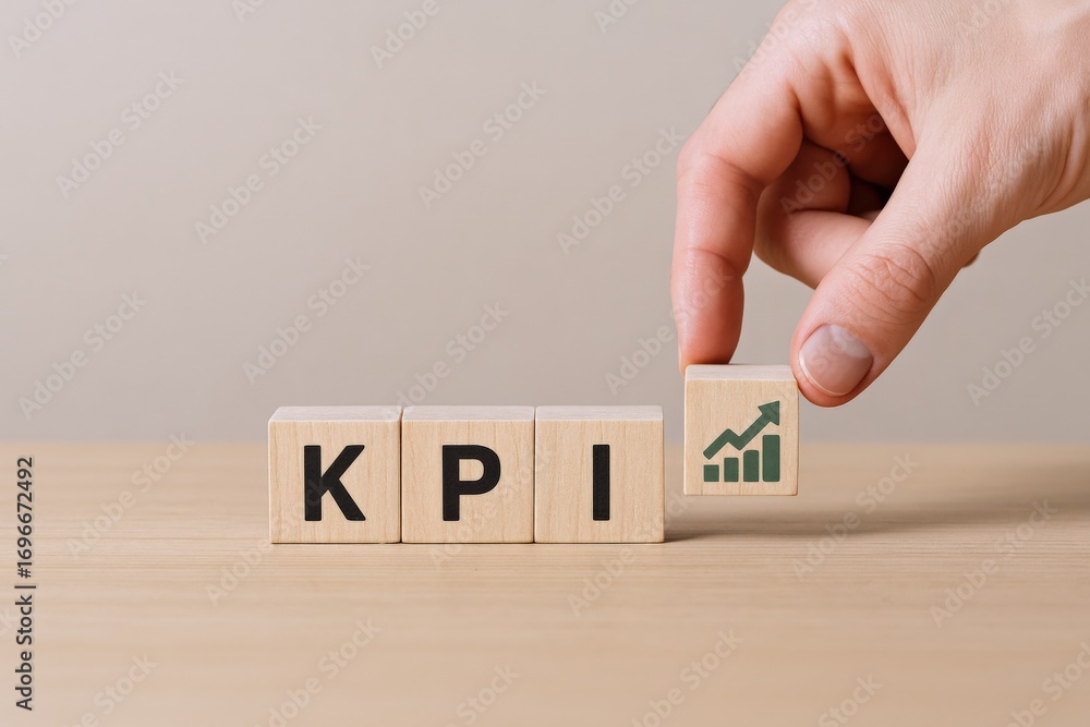 Aufkleber adding kpi icon to wooden blocks, demonstrating key performance indicators and business growth