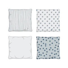 A collection of four square throw pillows featuring distinctive modern patterns and a plain white option