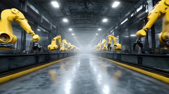 A highly automated factory production line with robotic arms  long title A large modern factory floor with multiple robotic arms working in a