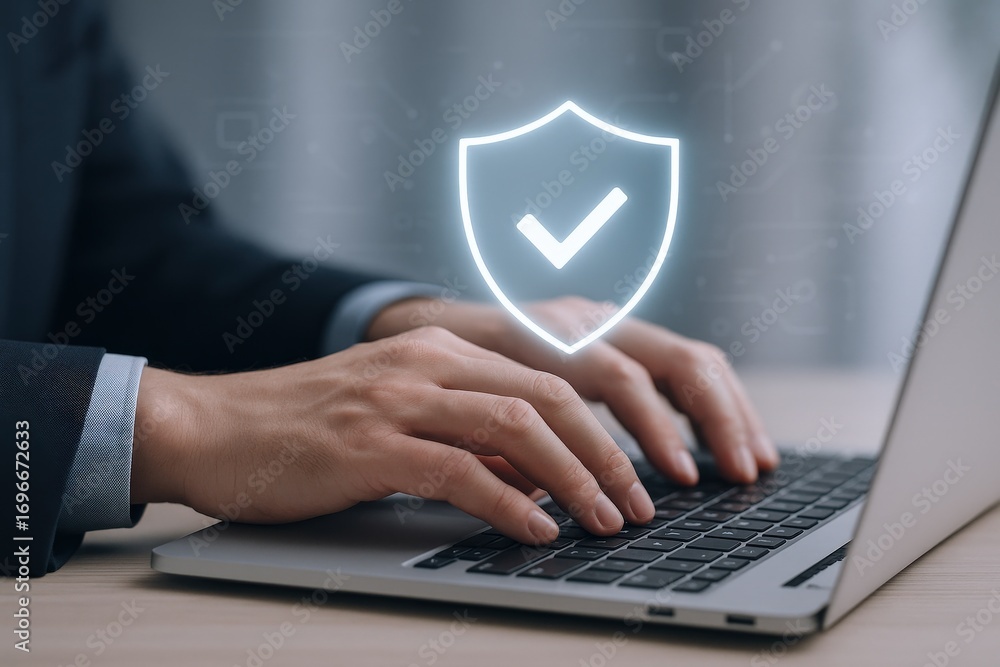 Poster cybersecurity professional working on laptop with shield icon representing data protection and syste