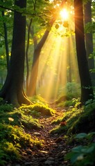 Golden sunlight streams through leaves, illuminating a forest floor with a warm, inviting glow Perfect for nature, spring, summer, or relaxation themes , spring, vibrant, forest