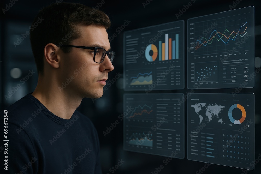 Poster data analyst inspecting digital dashboard: business intelligence and data visualization in modern of
