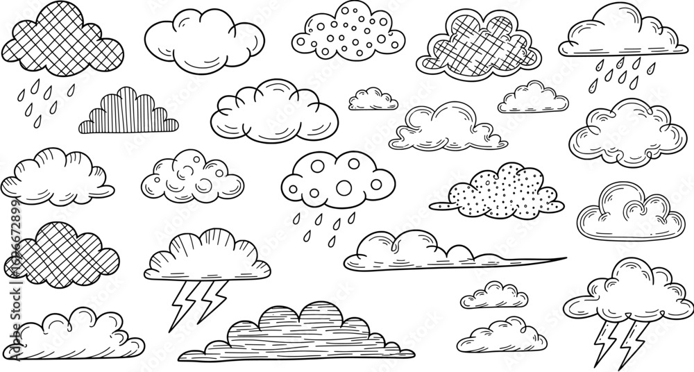 Poster collection of hand-drawn cloud icons with different shapes and weather elements in doodle style