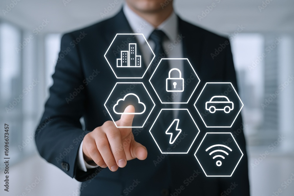 Poster smart technology integration: businessman interacting with connected device interface for modern sol