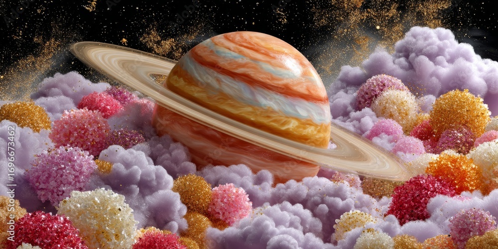 Poster pastel planet floating in a colorful cloudscape of jellybean textures in a whimsical cosmic setting