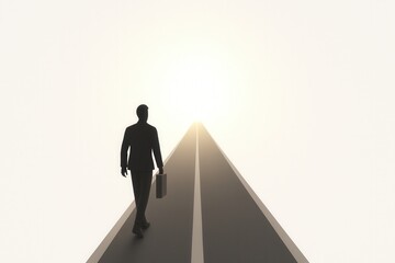 Fototapeta premium businessman walking on the road towards a bright horizon, symbolizing ambition, leadership, career success, opportunities, and professional journey.