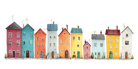 Naklejka premium Watercolor Illustration of a Row of Colorful European Townhouses with Different Facades on a White Background