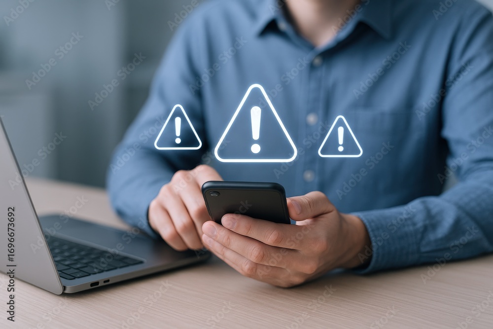 Poster man holds smartphone receiving error notification, caution message on mobile device, cyber security 